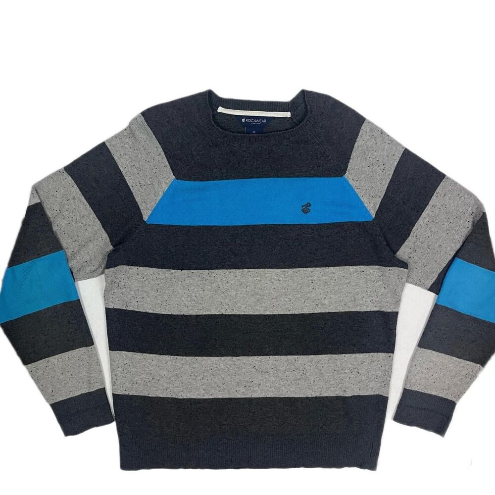 Rocawear VTG Men’s XL Block Striped Cotton Knit Crewneck Sweater Y2K Hip Hop